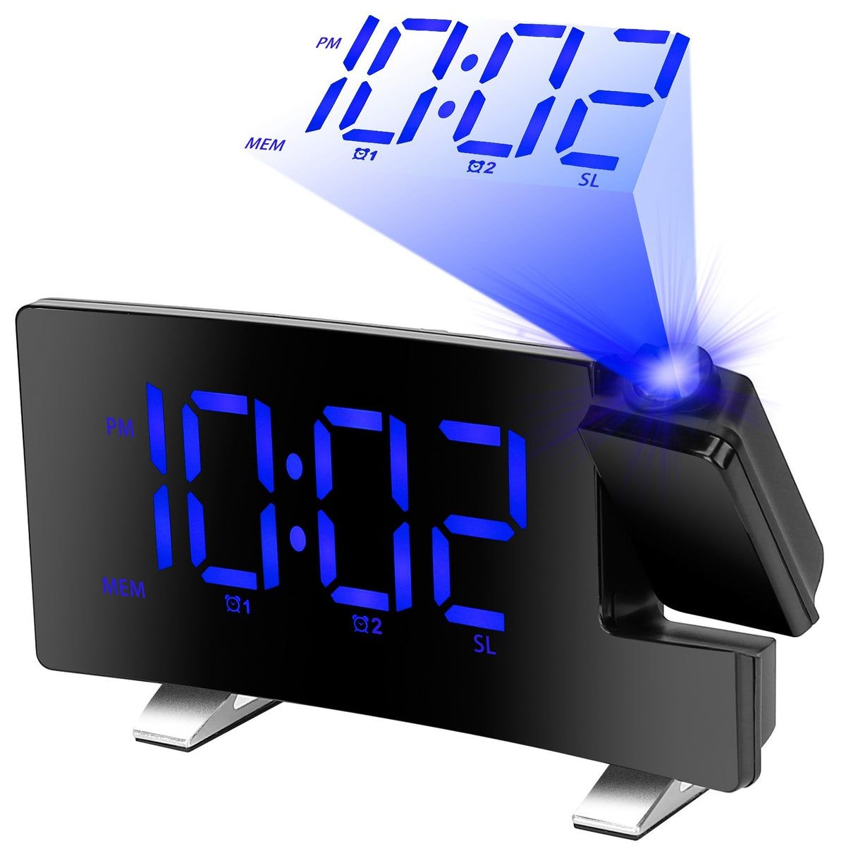 1Pc Projection Alarm Clock With Radio Function Curved Screen LED Digital Alarm Clock With Dual Alarms 4 Dimmer 12-24 Hour USB Charging Port 180Degree Rotatable Projection